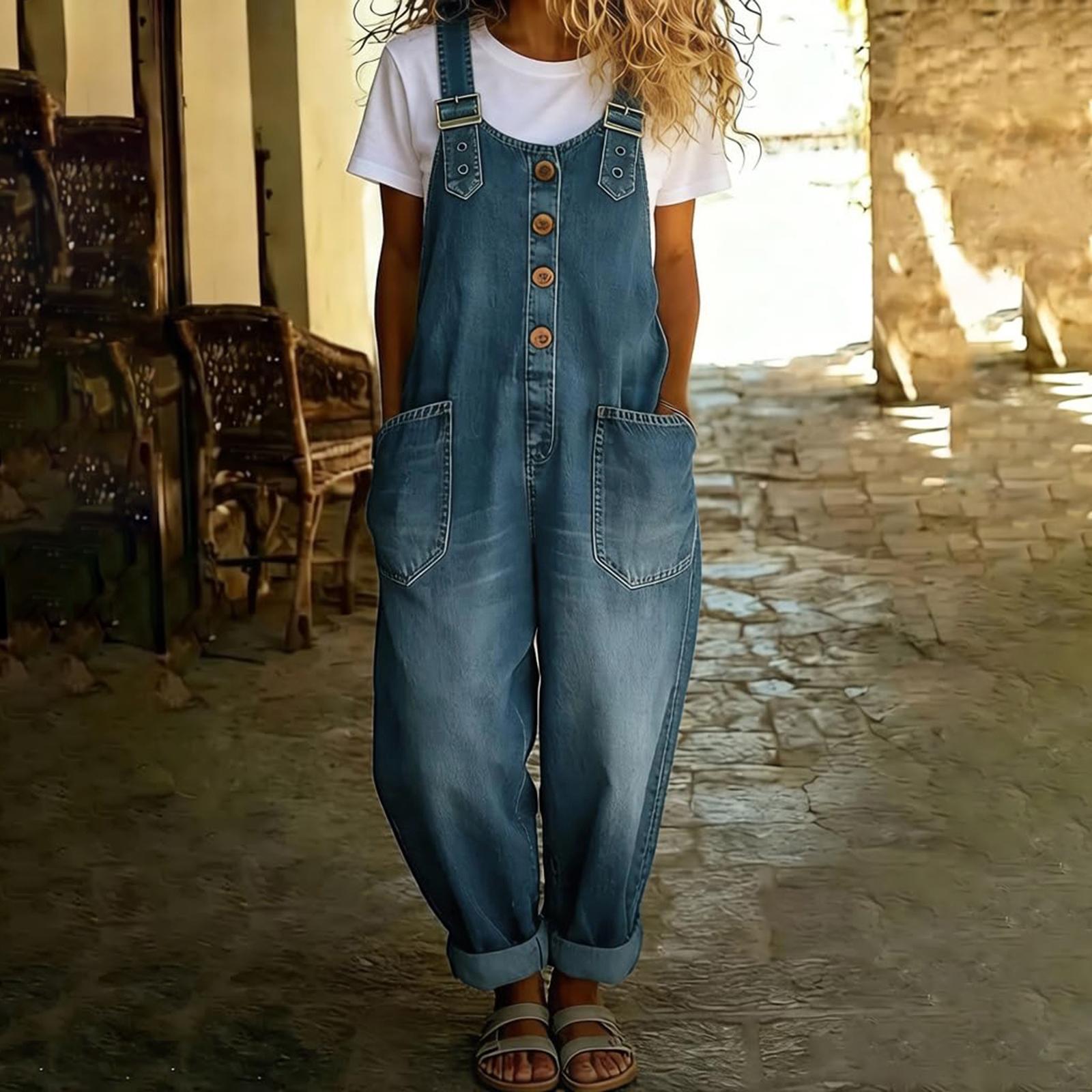 Damen Lässige Jeans Latzhose Verstellbarer Träger Jumpsuit mit Knopfleiste vorne und großen Taschen Freizeit Ärmellose Latzhose L blau
