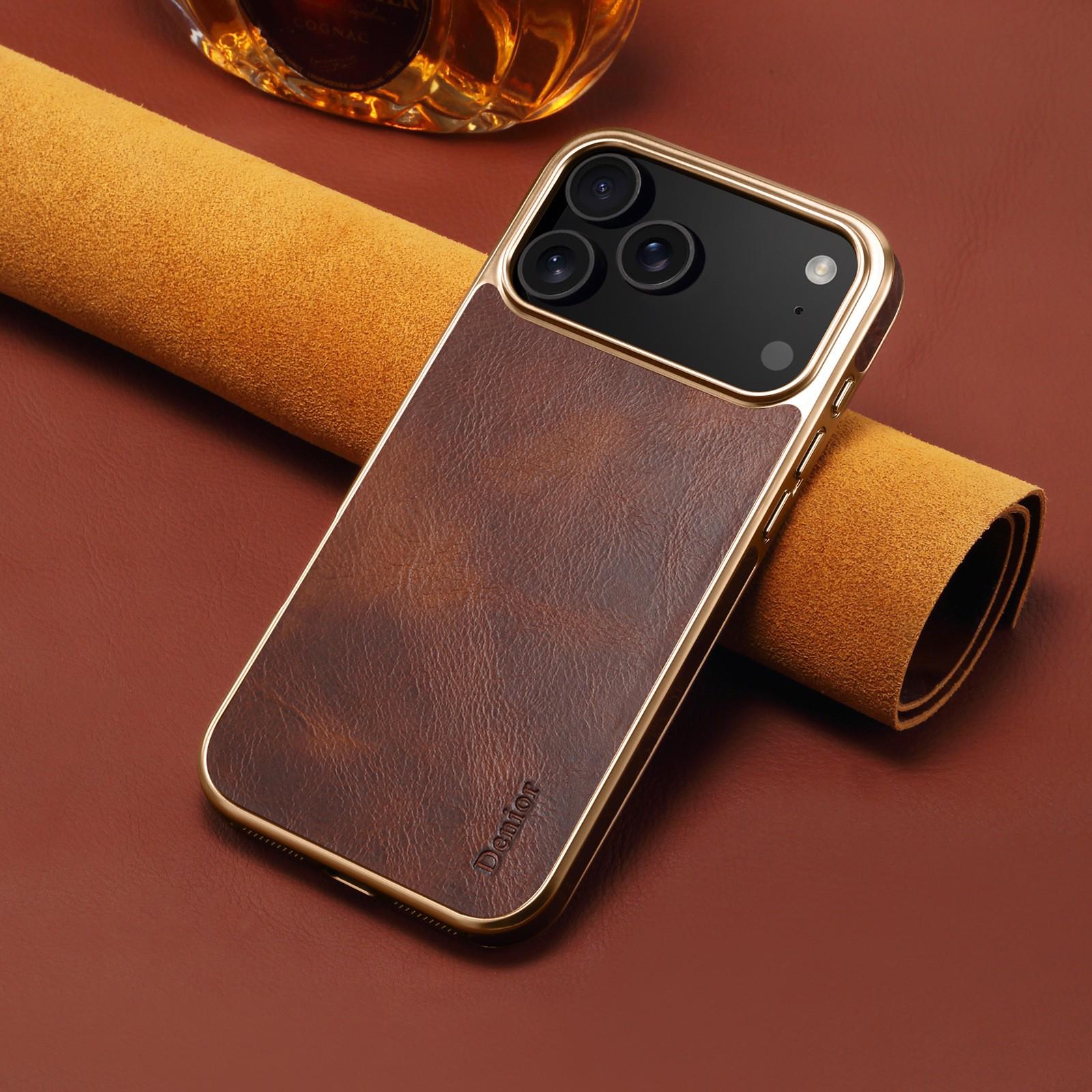 Denior Schutzhülle aus echtem Leder für iPhone 17 Air und iPhone 17 Pro Max, galvanisiertes Rindsleder iPhone 17 Pro braun