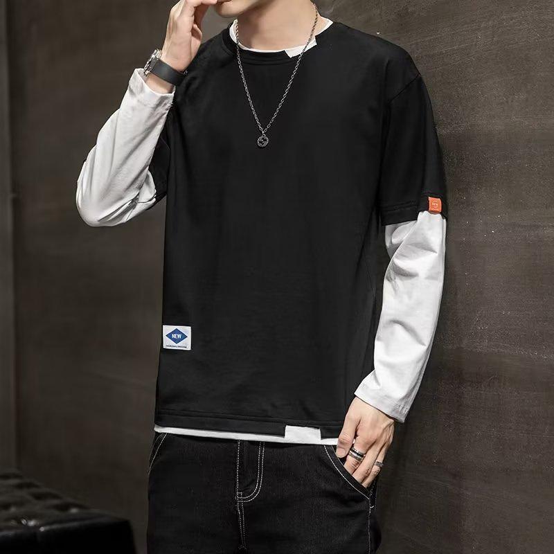 Langarm-T-Shirt Unterhemd Herren Frühling Koreanische Version des Fake-Zweiteilers Rundhals Slim Herbstkleidung Herren T-Shirt Kleidung Herren M schwarz