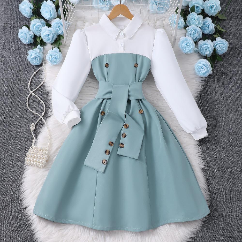8-12J Mädchen Langarmkleid Herbst/Winter Kleid Patchwork Mode Kontrastfarben Minimalistisches Kleid 9Y grün