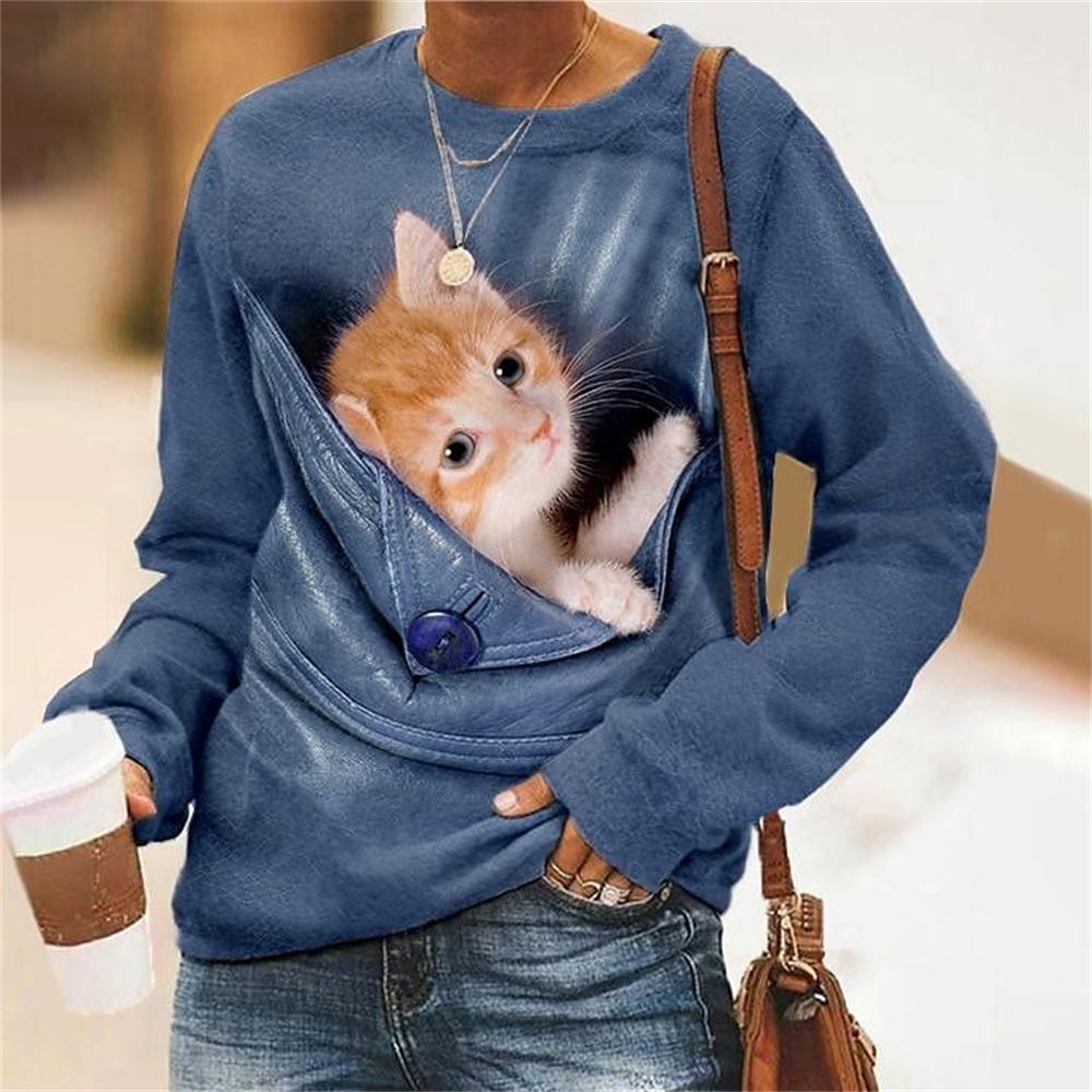 Herbst frauen T-shirt Kawaii Katze Pullover Langarm Sweatershirt Mode Streetwear Pullover Damen T Shirt Für Mädchen Kleidung L
