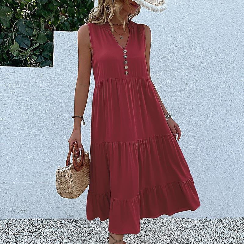 Sommer Damen Tank Top Kleid Ärmellos Plissee Kleider Lose V-Ausschnitt Midi Kleider S bordeaux