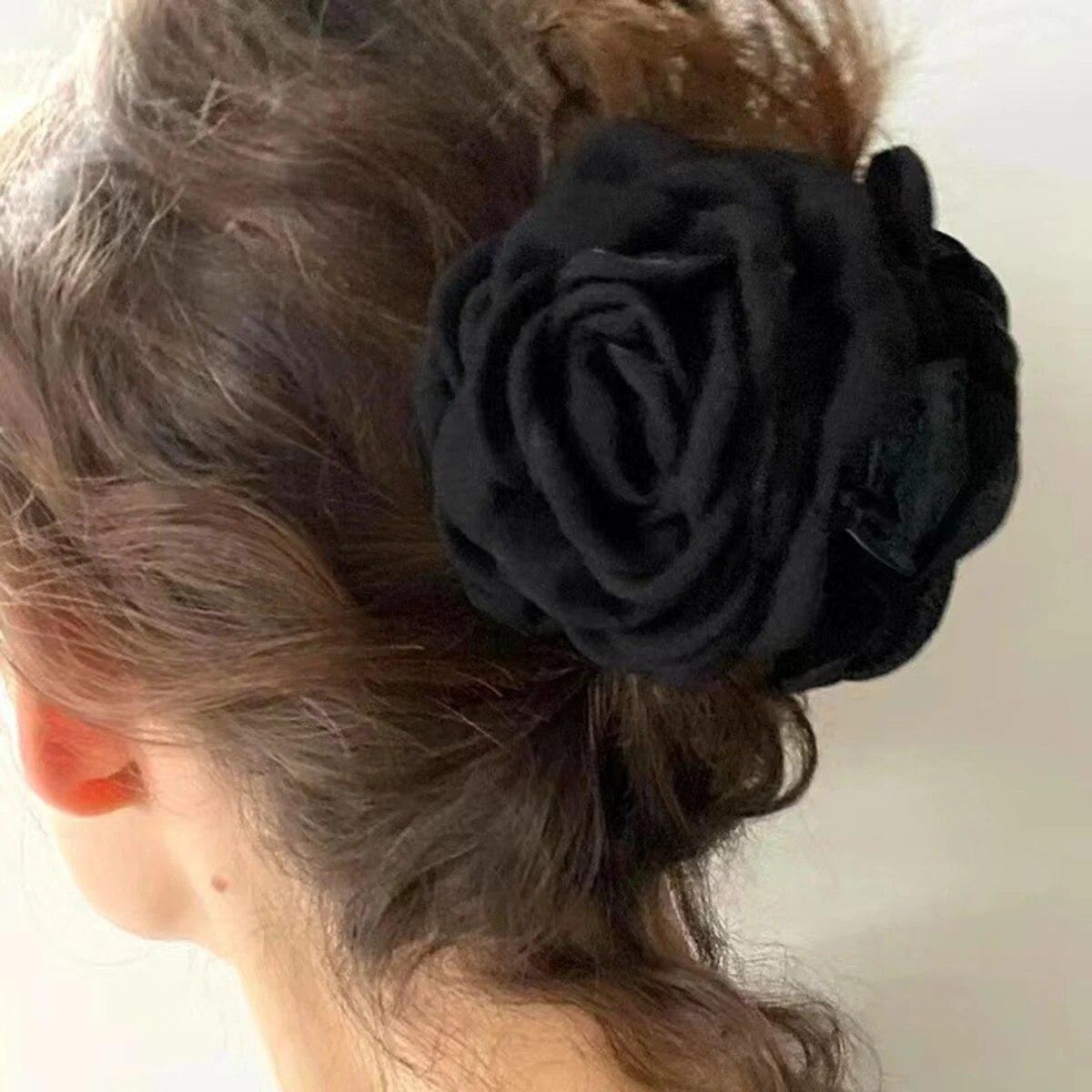 1PC Stoff Rose Blume Haar Klaue Clips Für Frauen Mädchen Haar Clip Haarspange Kunststoff Haar Klemmen Headwear Haar Zubehör 9cm schwarz