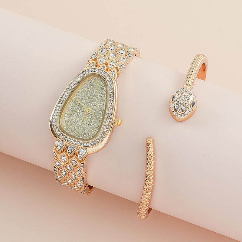 2 teile/satz Frauen Quarz Schlange Strass Uhr Armband Armbanduhren gold