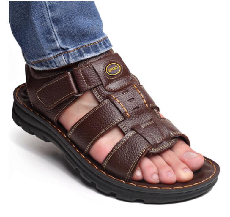 Herrensandalen aus echtem Leder, Sommerschuhe, offene Zehenpartie, weiche römische bequeme Schuhe, Outdoor-Strand-Wanderschuhe 44