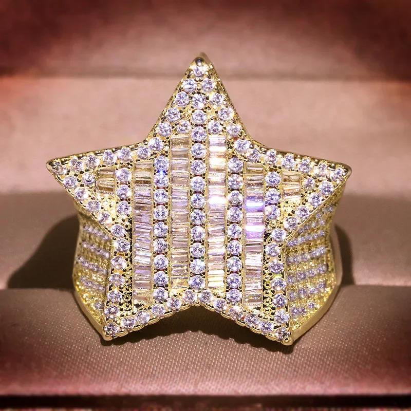 Hip Hop Fünf Sterne Ringe Herren Gold Farbe Iced Out Zirkonia Schmuck Ring Geschenke Paar Eheringe Damen Schmuck 9 black