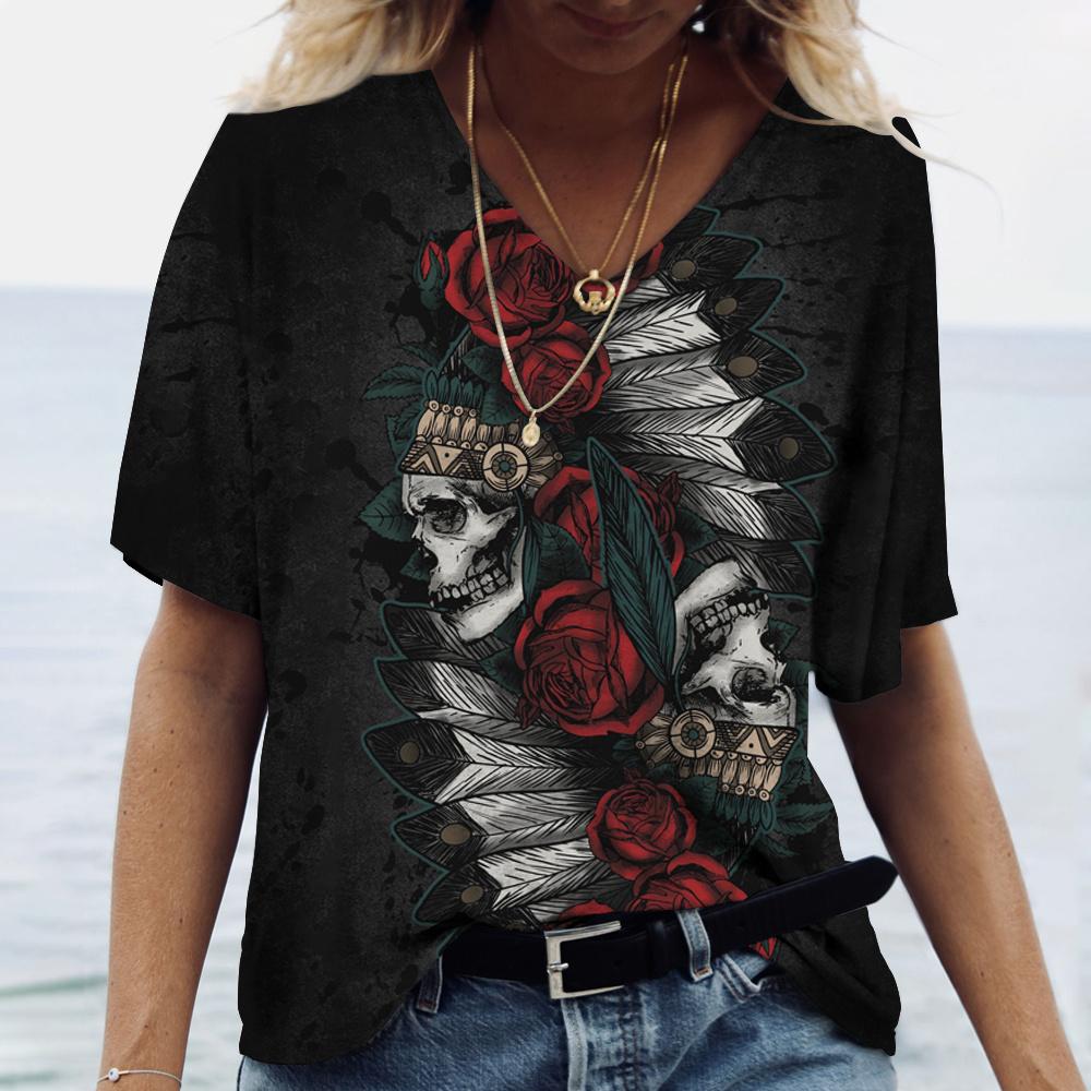 2022 neue frauen T-shirts Schädel Druck frauen kurzarm Tops V-ausschnitt Pullover Streetwear Übergroßen T-shirts Sommer Kleidung XXXL