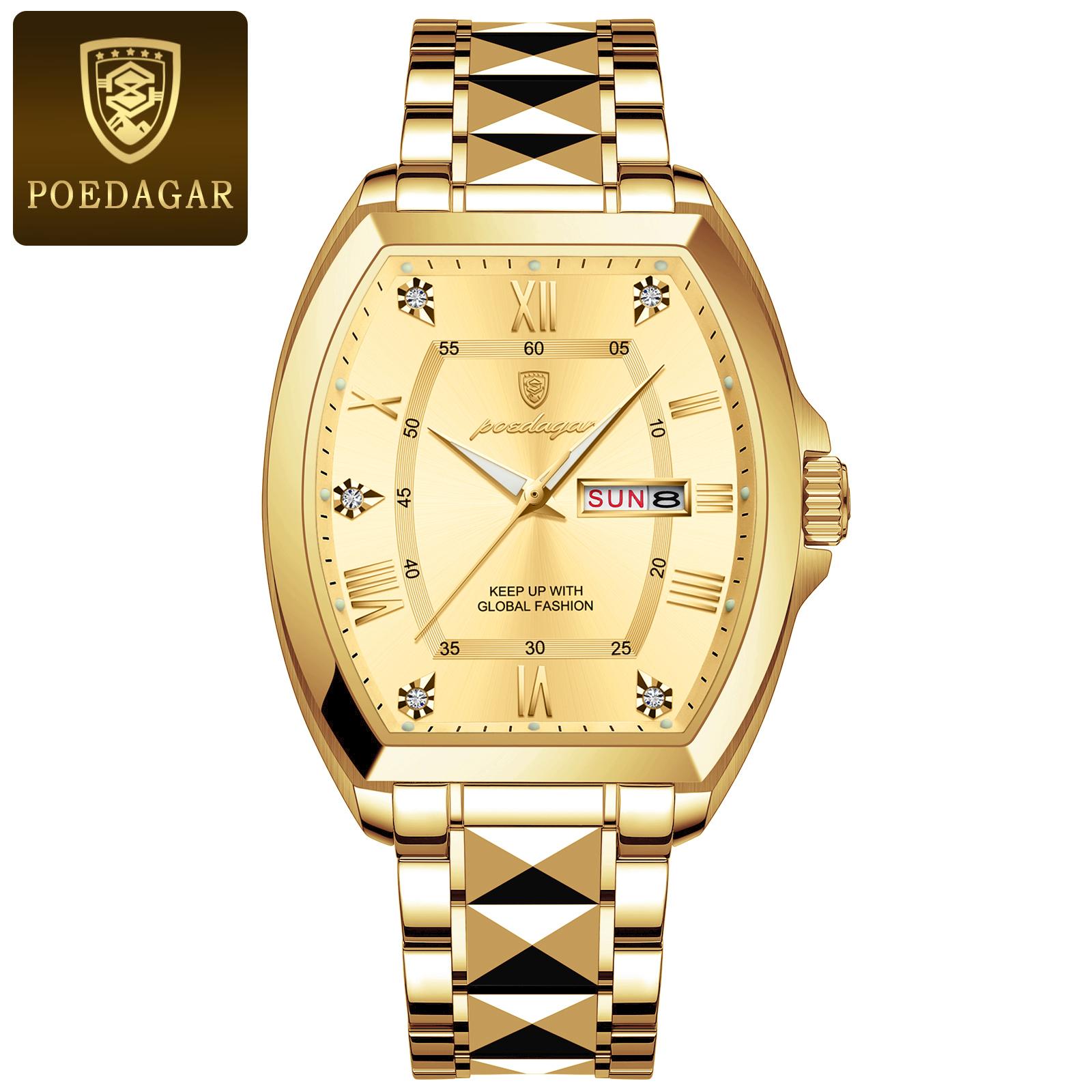 POEDAGAR Luxus Edelstahl Uhren für Männer Leuchtend Wasserdicht Datum Woche Herrenuhr Tonneau Gehäuse Herren Quarz Uhren gold