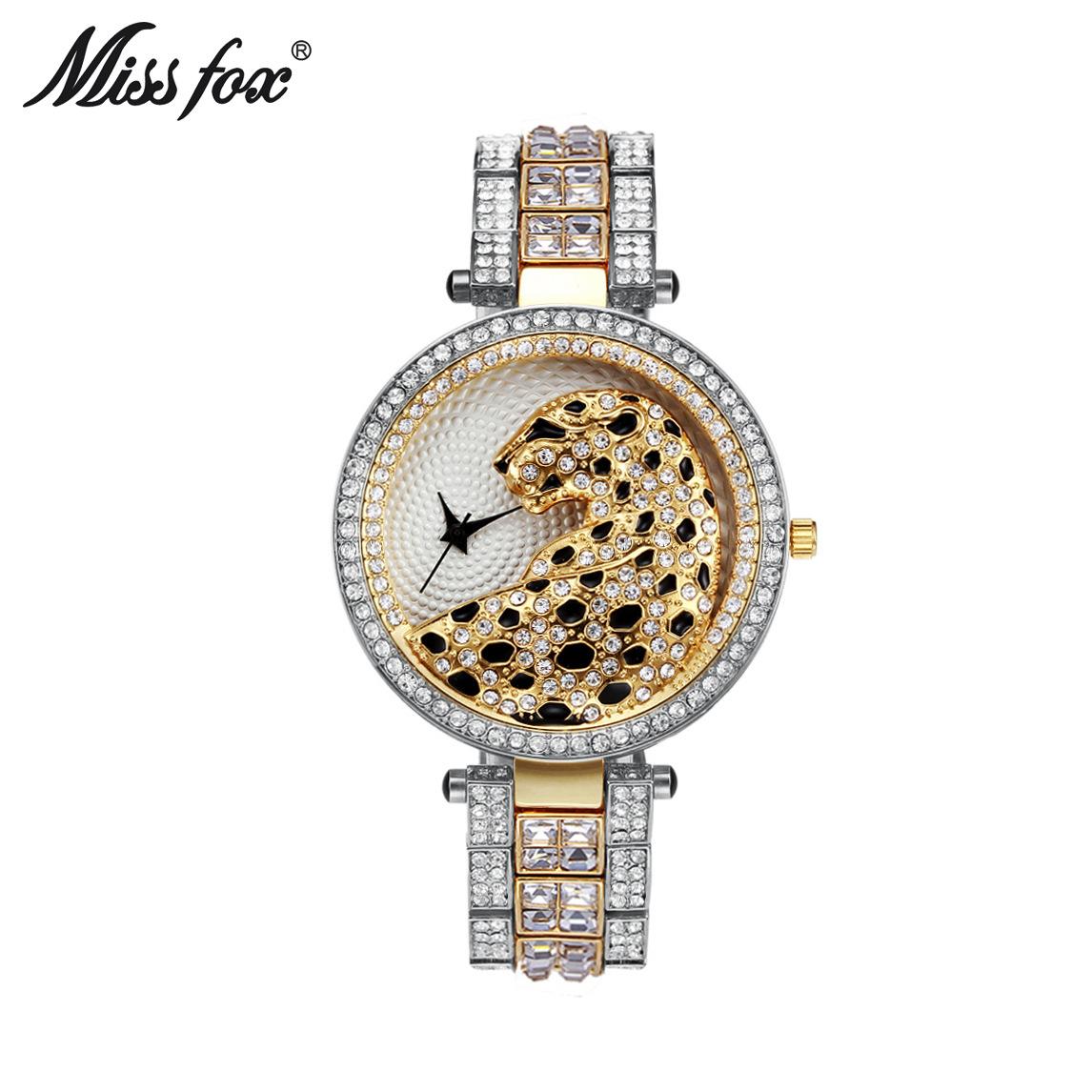 MISSFOX Damen Quarz Uhr Mode Bling Lässige Damenuhr Weibliche Quarz Gold Uhr Kristall Diamant Leopard Für Frauen Uhr silber/gold