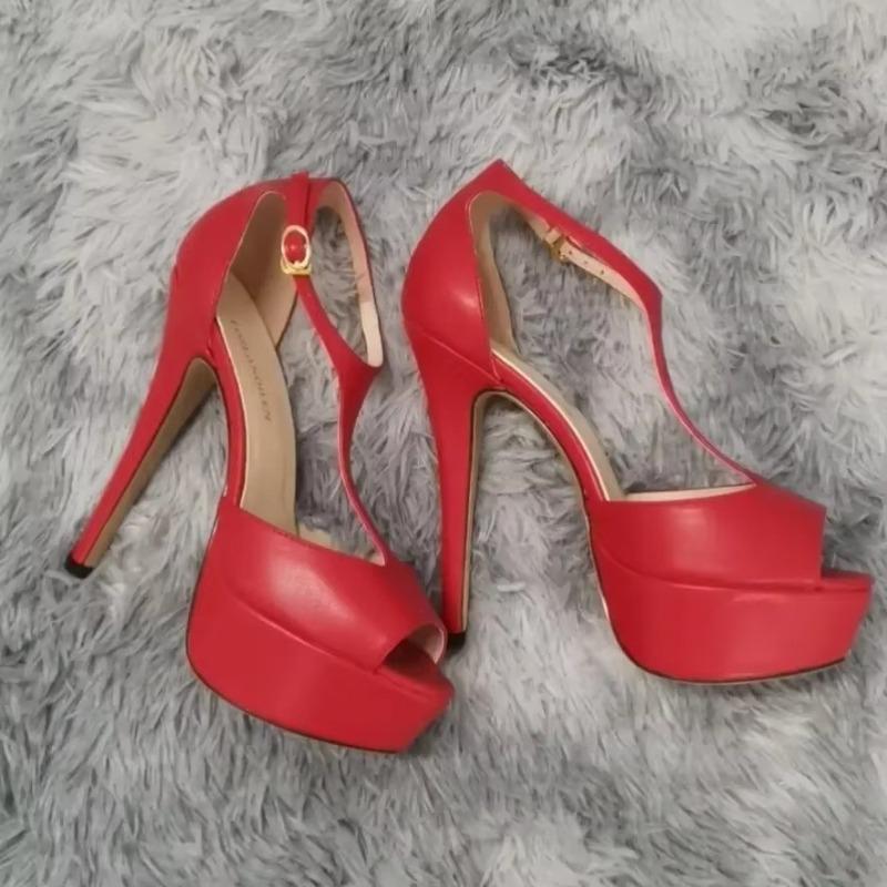 Damen Sandalen Plateau High Heels Sexy 14cm Peep Toe Knöchelriemchen Sandalen Stilettos Pumps T-Riemen Party Rot Hochzeitsschuhe 44 rot