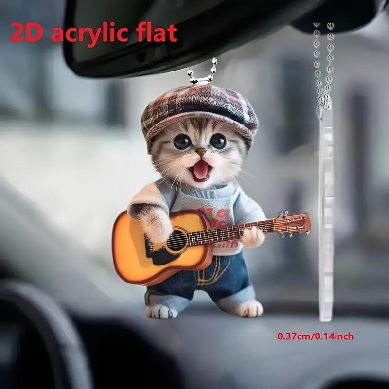 Charmantes flaches 2D-Ornament aus Acryl in Form einer Gitarre und einer Katze im Autospiegel – Dekoration für Zuhause und das Fahrzeug, Anhänger für die Schultasche
