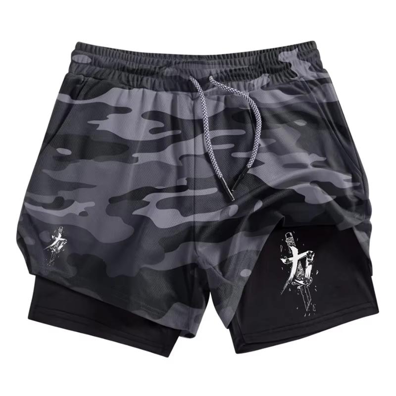 Herren 2-in-1 Lauf-Trainings-Shorts mit Schwertmuster, atmungsaktiv, schnell trocknend, mit Handytasche, Fitnessshorts 10106 XXXL gray