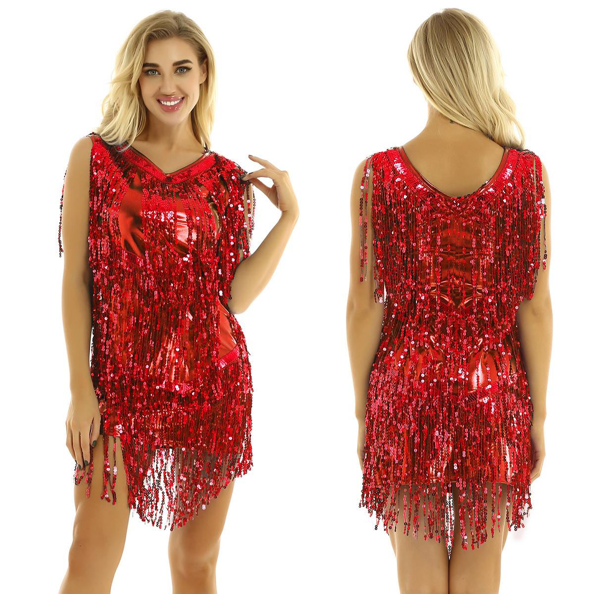 Damen Pailletten Tanzkleid Quasten Rumba Tango Latein Kleid Glitzer Party Cocktail Abendkleid Ballroon Kleider M rot