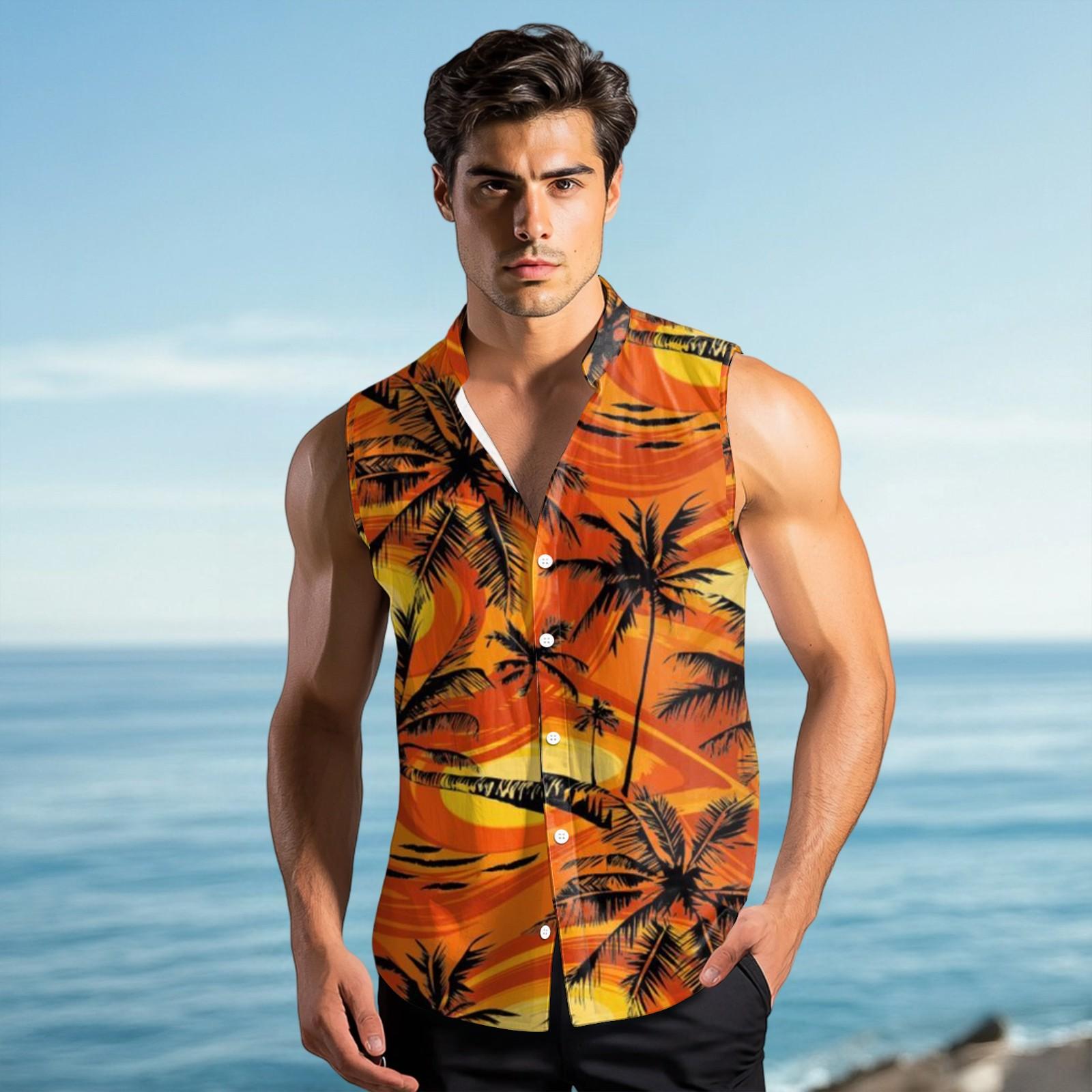 Herrenmode Bedrucktes ärmelloses Revers Button-Down-Hemd Weste Top XXL gelb