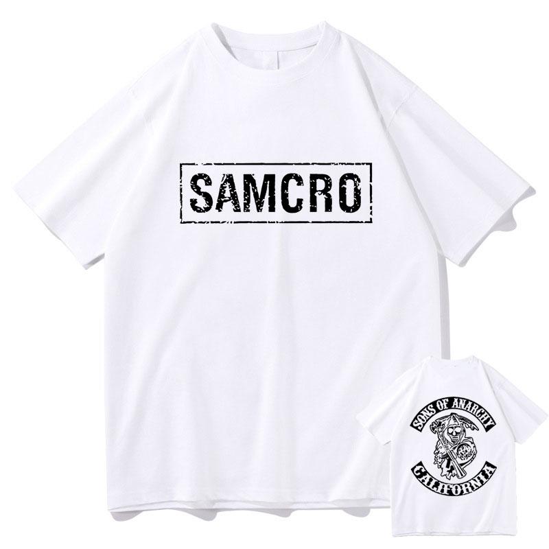 Sons of Anarchy SAMCRO Doppelseitiges Drucken T-shirt Männer Frauen Mode Hip Hop Rock Tees Kurzarm Sommer Baumwolle T Shirts tops XL weiß