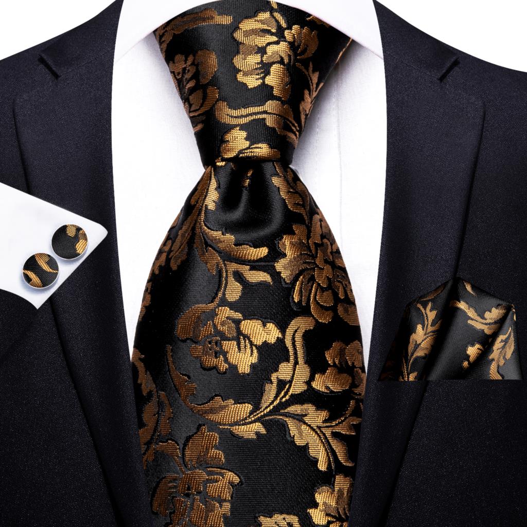 Hi-Tie 100% Seide Luxus Herren Krawatten Blumen Schwarz Gold Krawatten Paisley Krawatte Einstecktuch Manschettenknöpfe Set Herren Hochzeitsfeier Krawatte white