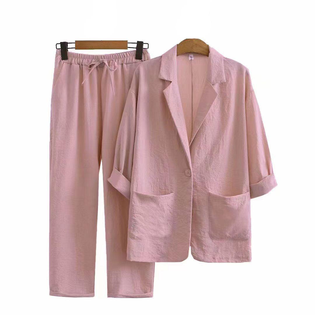 Zweiteiliger Anzug aus Baumwolle und Leinen für Damen, Jacke + Hose, Herbst, lockere Mode, lässiger Anzug aus Baumwolle und Leinen, Jacke M rosa