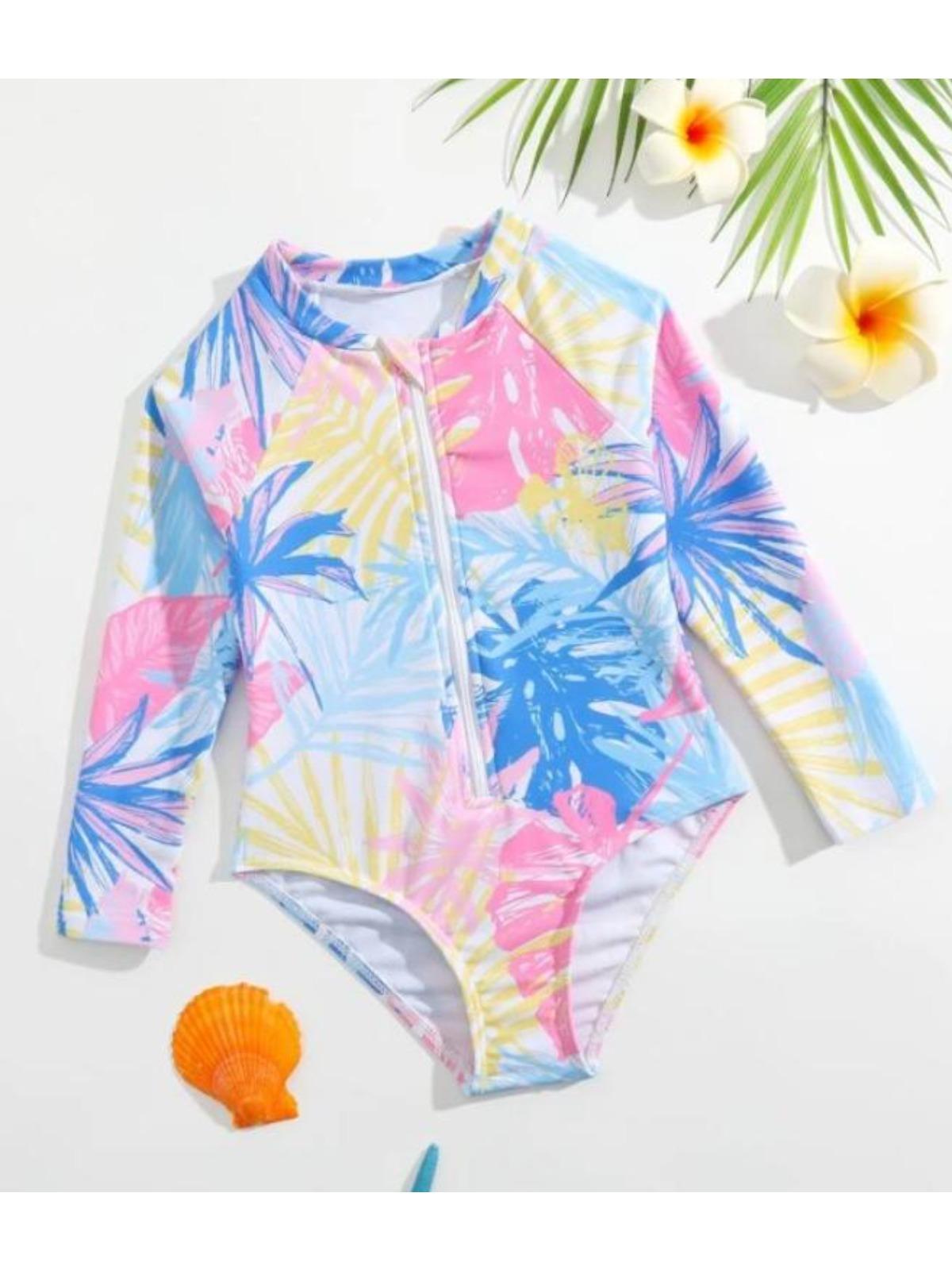 Kinder Mädchen Badeanzug Langarm Bedruckt Reißverschluss Bademode Badeanzug Rash Guard Bodysuit Strandkleidung 120 bunt