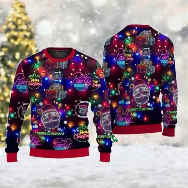 Weihnachts-Sweatshirt mit buntem LED-Lichtmuster, Unisex, Süßigkeiten-Weihnachtsmann, 3D-Druck, hässliche Sweatshirts, Festival, Freizeitkleidung, Kapuzenpullover, Unisex-Oberteil S