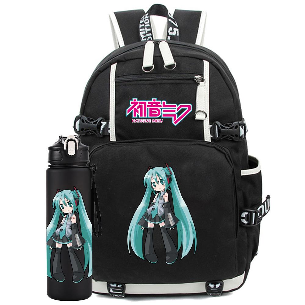 2 Stück/Set Anime Hatsune Miku Bedruckter Rucksack mit 750 ml Wasserflasche für Teenager Schüler Mädchen Junge Große Kapazität Wasserdicht Schultasche Geschenk