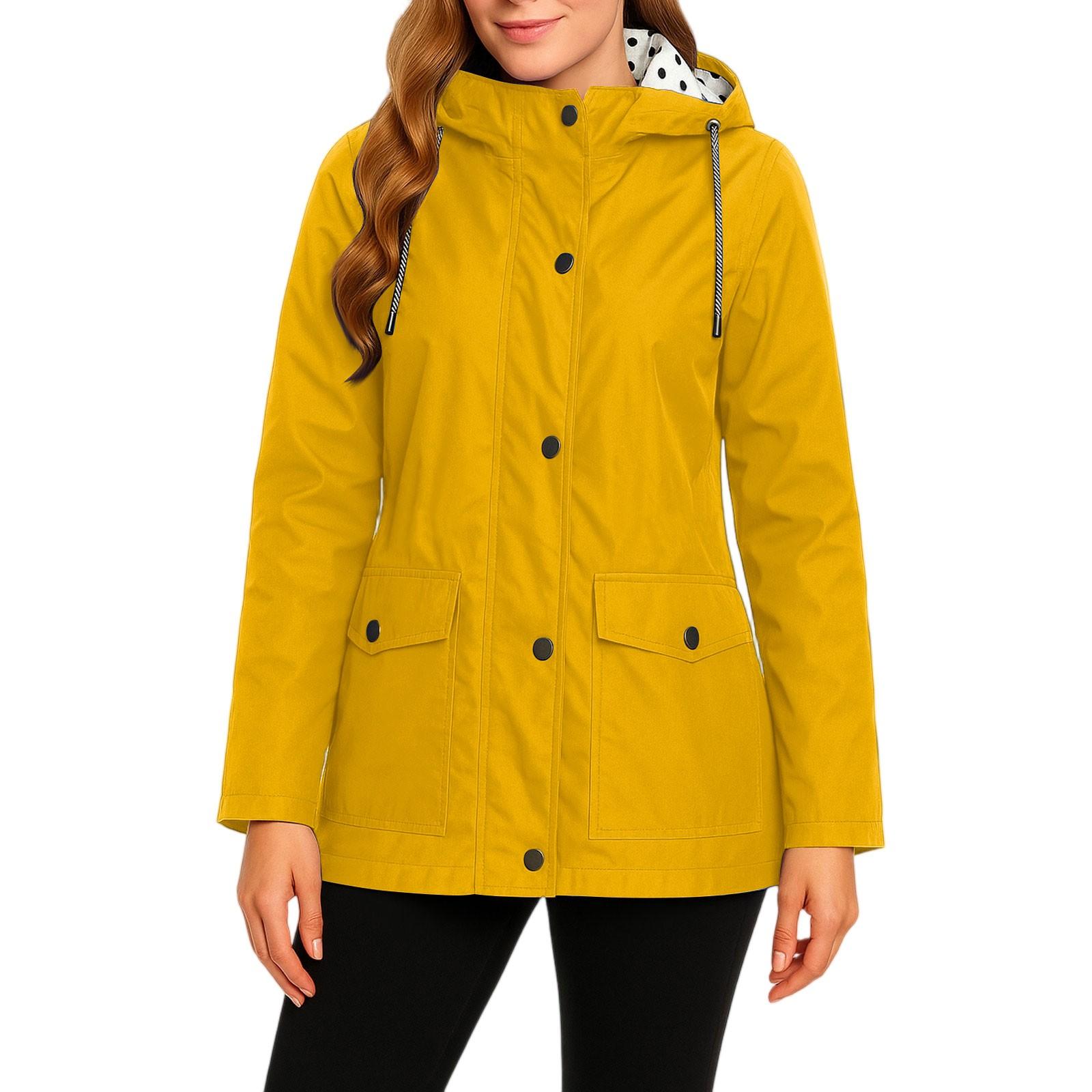 Damen-Regenmäntel mit Kapuze, leichte Outdoor-Kapuze, wasserdichter Windjacke, solide Trenchcoat-Jacke in Übergröße XL gelb
