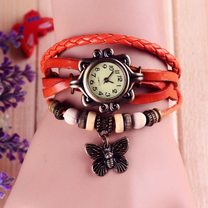 Damenmode Vintage Butterfly Drop Lederarmbanduhr Wickeluhr orange