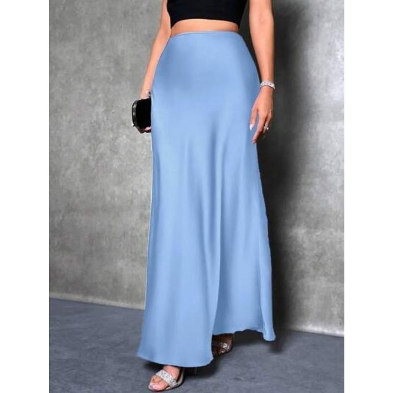 Mode Elegant Locker Damen Satinröcke Frühling und Sommer Neu Einfach Lässig Büro A-Linie Lange Röcke Büro Einfarbig Damenbekleidung S hellblaue