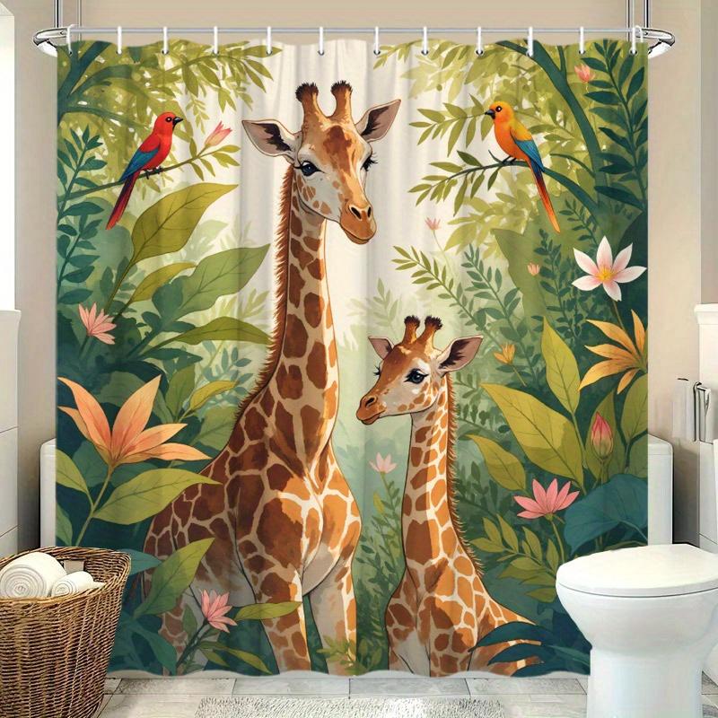 Giraffen im Dschungel Duschvorhang, Lebendiges Wildtierdesign, Üppiges Grün und Exotische Blumen 48x72inch 120x180cm