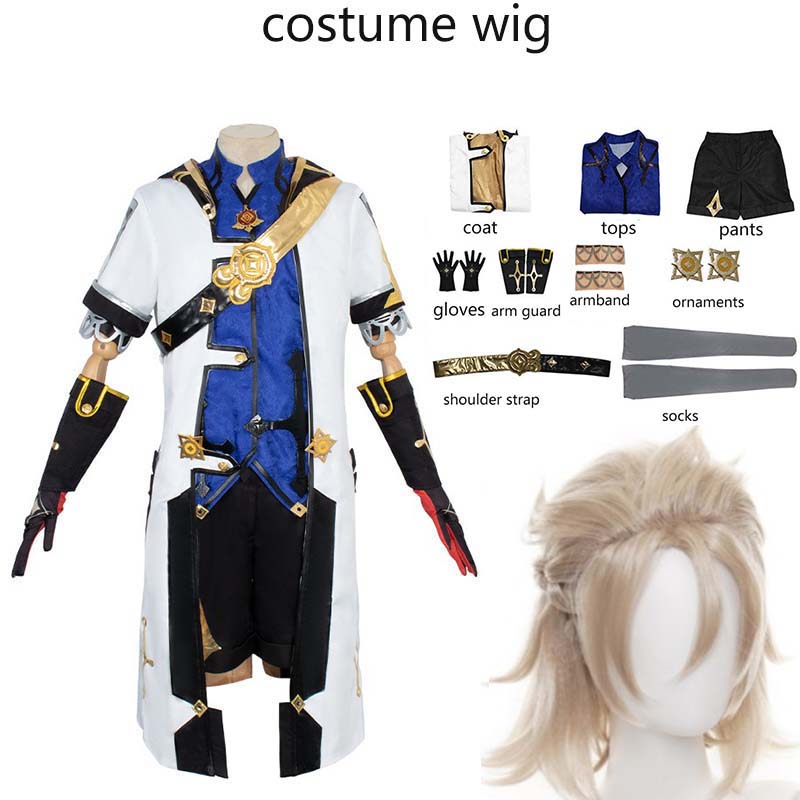 Spiel Albedo Erwachsene Cosplay Kostüm Deluxe Anzüge Die Ordo Favonius Perücke Uniform Handschuhe Socken Perücke Albedo Outfits M-(Costume+Wig)