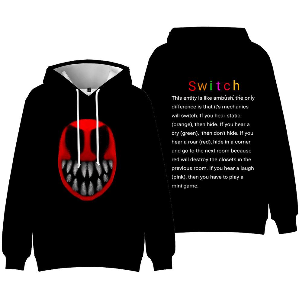 16 Farben Damen Herren Türen Roblox Figur Cartoon Print Kapuzenpullover Rundhals Sweatshirts Mann Reise Pullover Männlich Oberteil Streetwear Outdoor Trainingsanzug XS schwarz/rot