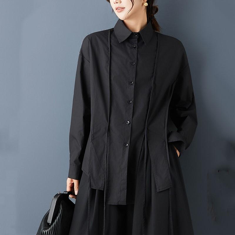 Langarm Übergröße Baumwolle Lässig Locker Blusen & Blusen für Bluse Frühling Herbst Oberteile Damen Knopfleiste schwarz