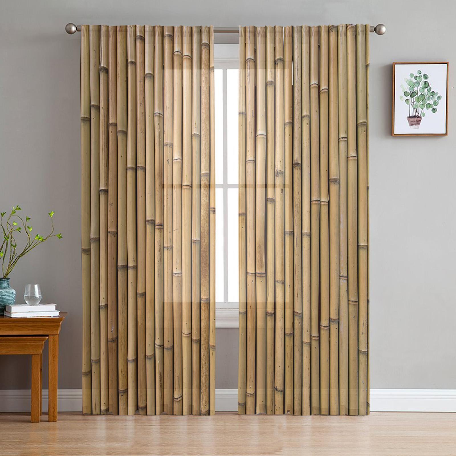 Bambus Zen Chinesischen Stil Gardinen Wohnzimmer Fenster Tüll Vorhänge Für Schlafzimmer Küche Home Dekoration Voile Vorhänge W135 x H115cm x1&Grommet Top beige