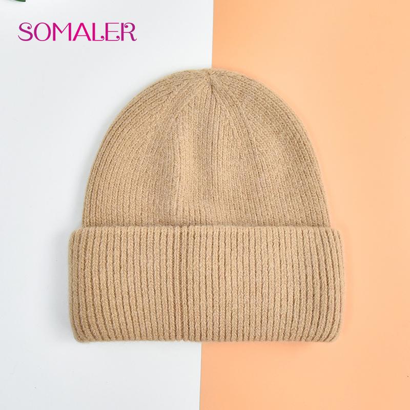 SOMALER Winter Angora Wolle Gestrickte Mütze Weich Warm Flauschig Kaninchenfell Strick Einfache Mützen für Damen kamelfarben