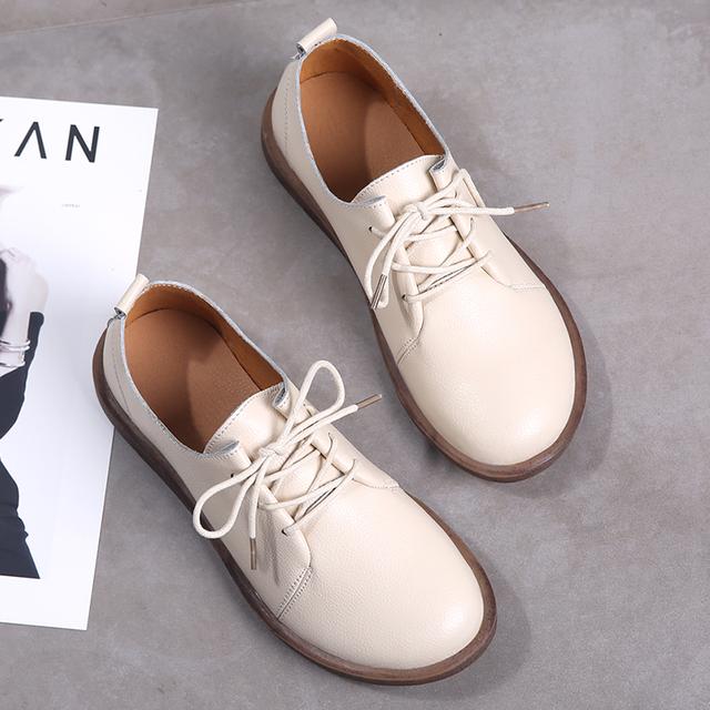 Frauen Neue Oxford Schuhe Frühling Herbst Flache Schuhe Leder Casual Flache Schuhe Lace Up Einfarbig Zapatos Planos Para Mujeres 39 beige