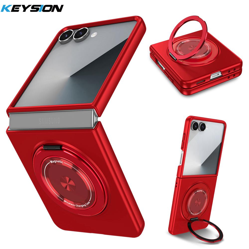 KEYSION 360° Drehbarer Magnetischer Ringständer Handyhülle für MagSafe für Samsung Galaxy Z Flip 7 5G Kabelloses Laden Harte Rückseite for Galaxy Z Flip 7 rot