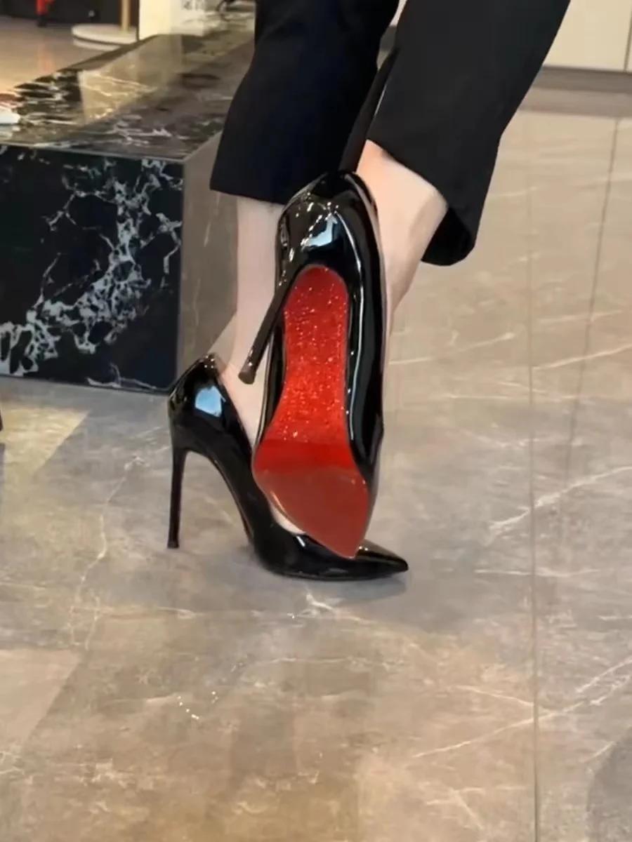 High Heels Damen Schlanke Absätze Neue Atemberaubende und Sexy Hochzeitsschuhe Schwarzes Lackleder Spitz Einzelne Schuhe High Heels 43