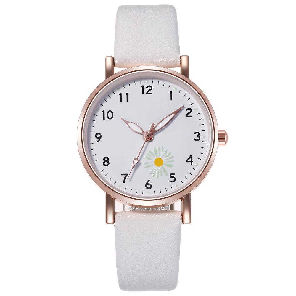 Kreative Damen Beliebte Mode Gänseblümchen Hohe Qualität Uhr Mädchen PU Leder Koreanisch Quarz Leuchtend Heißer Verkauf Armbanduhr Uhren Lässig Geschenk weiß