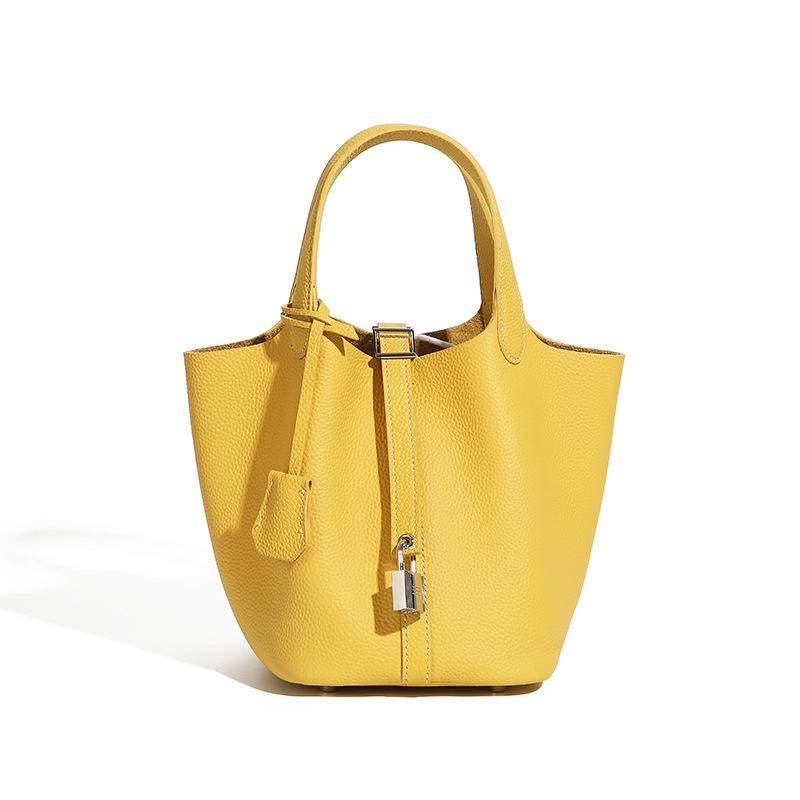 Damentasche aus echtem Leder, Gemüsekorb-Tasche, Modische Handtasche, Eimer-Tasche mit Litschi-Muster, Damen-Tasche One Size gelb