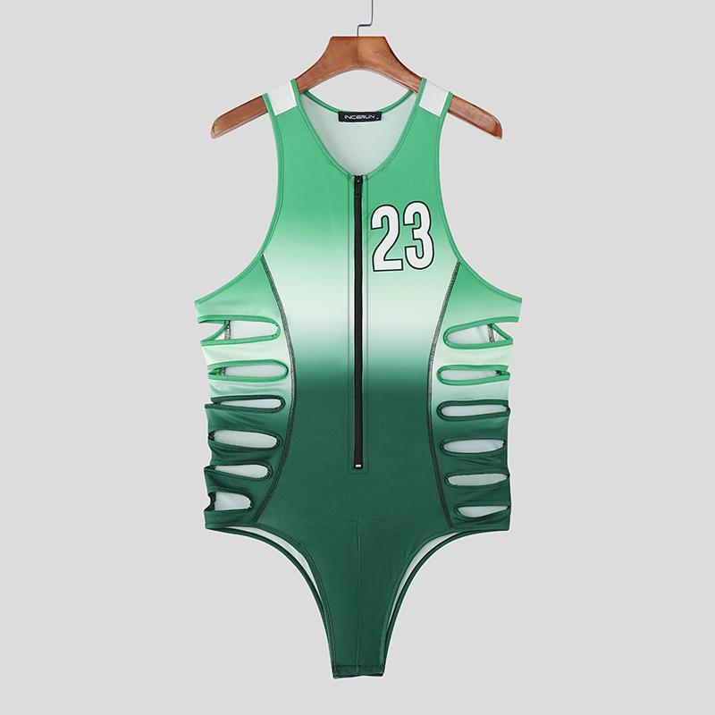 INCERUN Herren Träger Ärmellos Farbverlauf Buchstabenprint Ausgeschnitten Slips Bodys Jumpsuits L grün