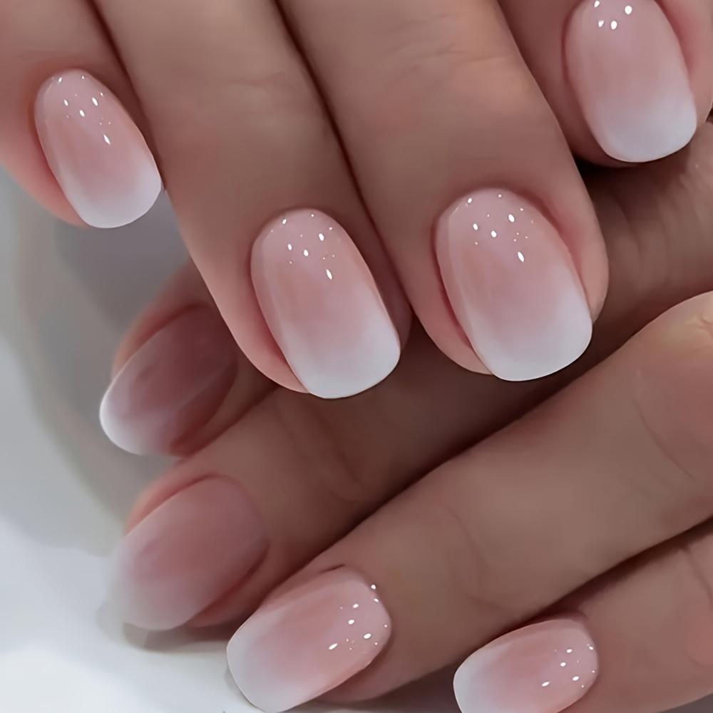 24 Stück Farbverlauf-French-Tips zum Aufdrücken, glänzende, kurze, geschwungene Kunstnägel aus Acryl, rosa-weißes, wiederverwendbares Set mit Klebelaschen Pink Gradient