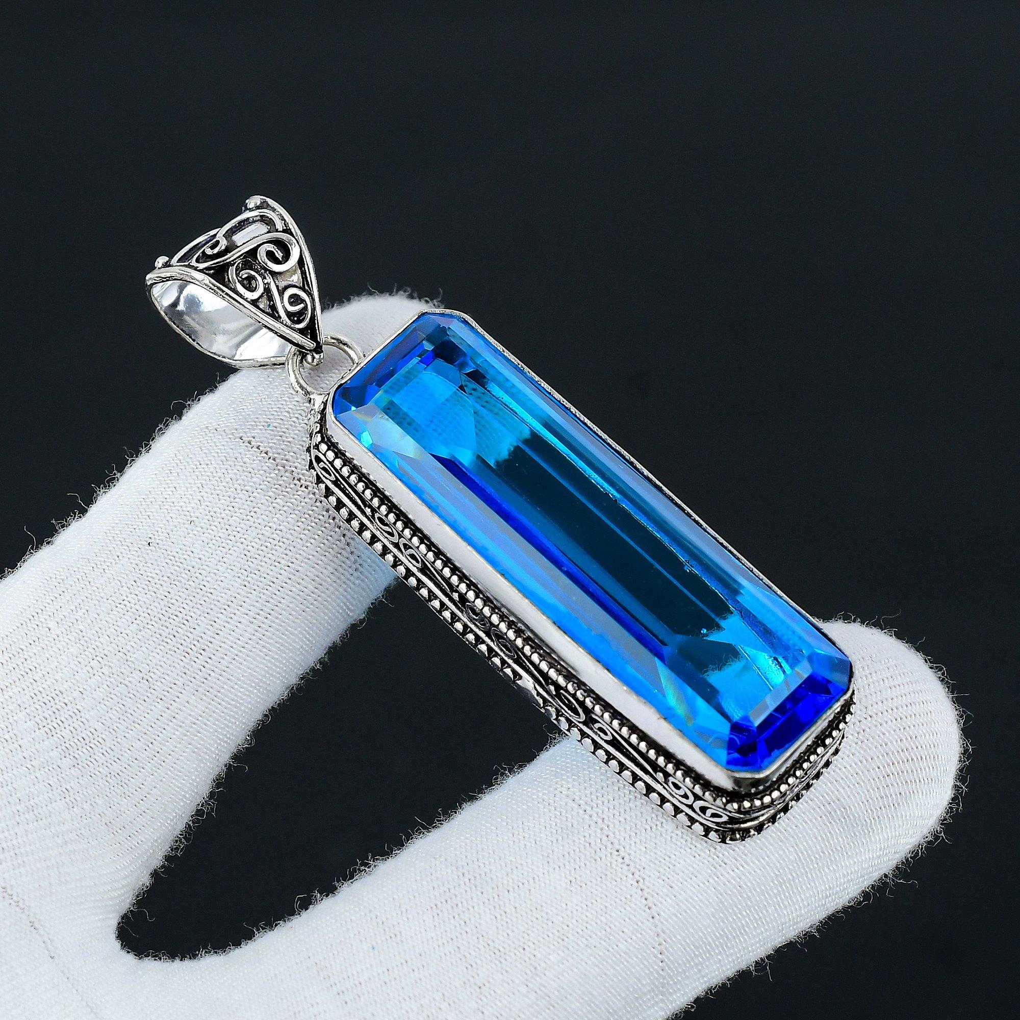 Langer Schweizer Blautopas Edelstein Silber Antik Anhänger, 925 Sterling Silber Schmuck Anhänger, SilberTopas Schmuck, Anhänger für Sie, Für Geschenke 2.36 blau