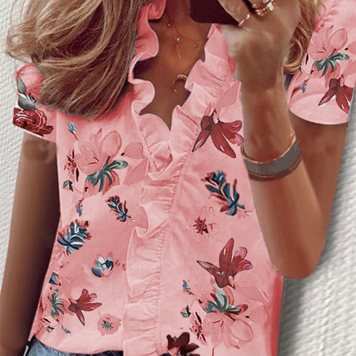 YYFS Damenmode, lässig, Sommer, Blumenmuster, bedruckt, kurzärmelig, Blusen und Hemden M rot/rosa