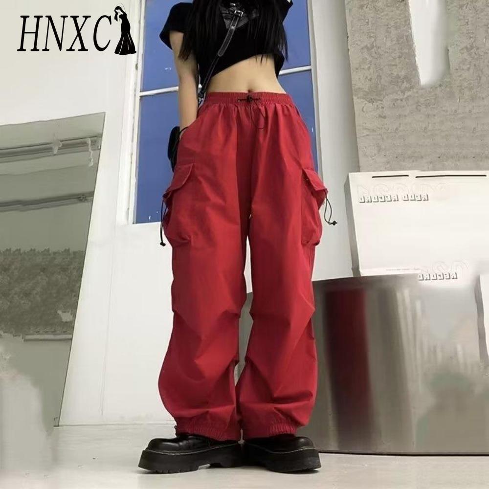 HNXC Damen Hip Hop Cargo Hose Baggy Einfarbig Elastischer Bund Hose Locker Atmungsaktiv Damen Hose M rot