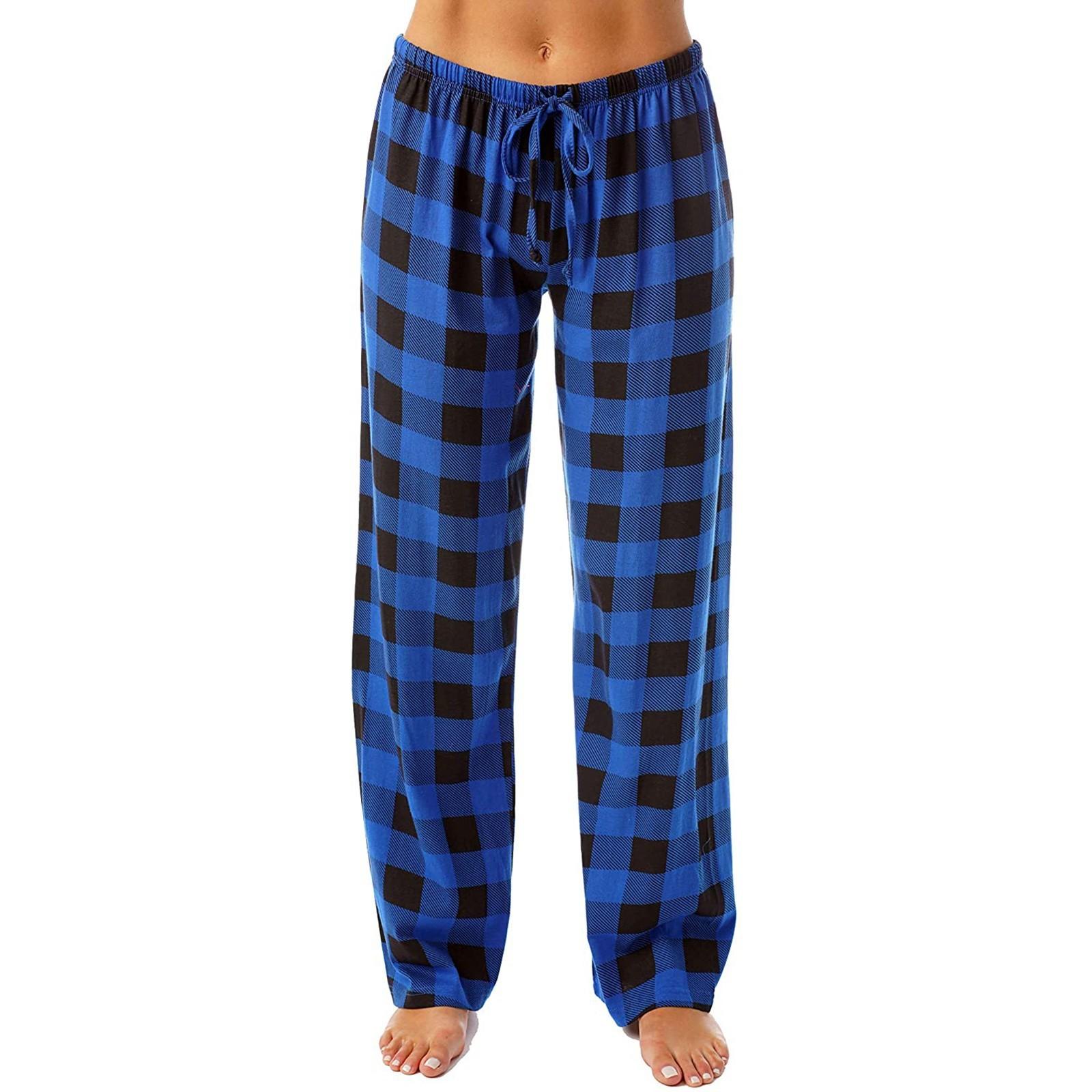 Damen Pyjamahose, Herbst, kariert, bedruckt, Hose, Mode, lässig, Hose mit weitem Bein, Kleidung, Streetwear S blau