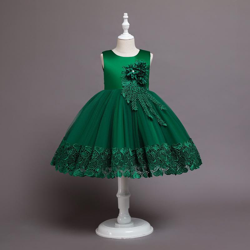 Kinder-Hochzeitskleid, formelles Kleid, Applikationen, Spitze, Prinzessin, Party, Abschlussball, Quasten 150cm grün
