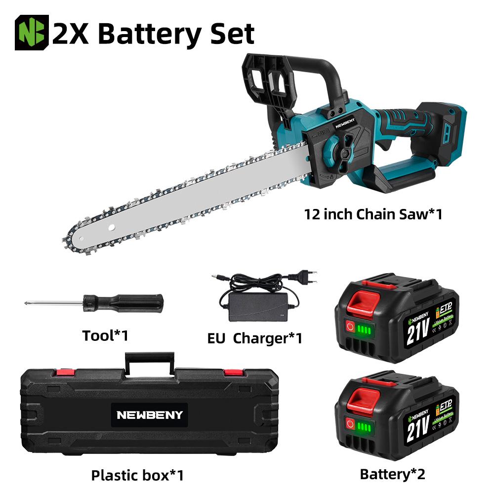 NEWBENY 12 Zoll bürstenlose elektrische Kettensäge mit LED-Anzeige, kabellos, für Holzschnitt, Garten, Protokollierung, für Makita 18V Akku 2 Battery Set
