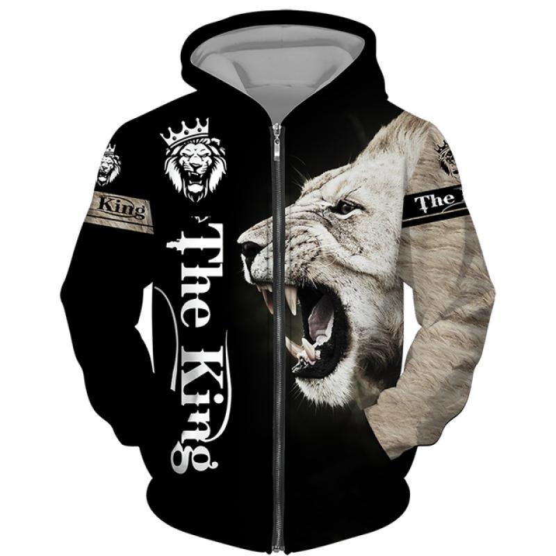 Frühling Herbst männer Zipper Hoodie Sweatshirts 3D Tier Löwe Tier Druck Mit Kapuze Pullover Mode Jacke Casual Sportswear M gray