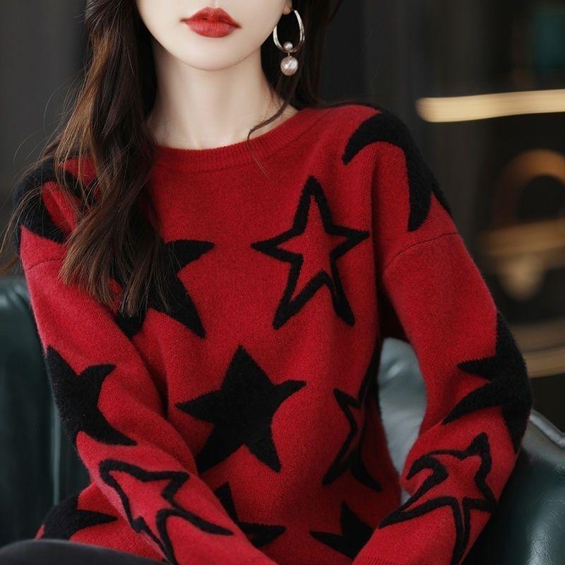 Pullover Pullover Herbst und Winter Farbe Kontrast Rundhals Pullover Strickwaren Frauen Pullover Lose Pullover Pullover Weibliche Tops One Size rot