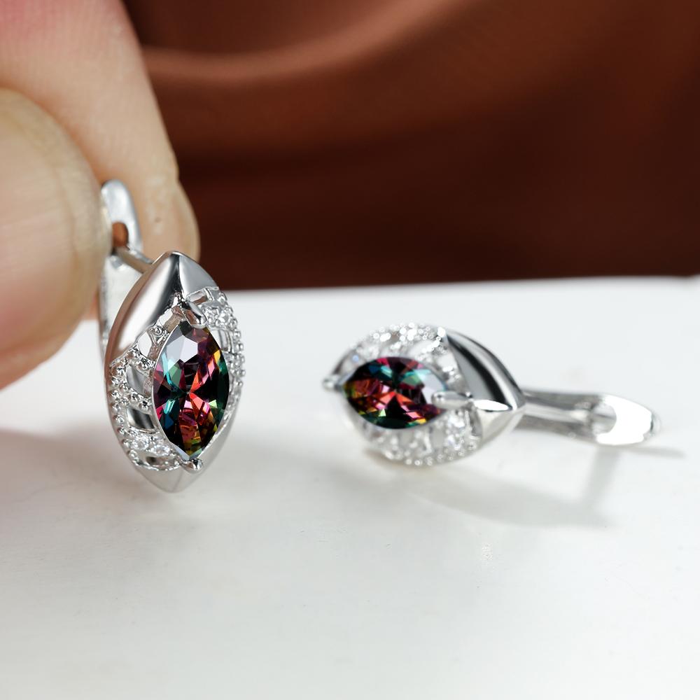 Roségoldfarbene Marquise-Schliff-Ohrringe, Lila, Rosa, Blau, Aqua-Kristall, Hakenohrringe, Geburtsstein-CZ-Tropfen-Ohrringe, hohle Blatt-Ohrringe silber/bunt