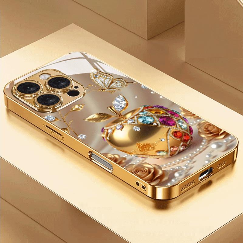 Luxus Gold für Apple Muster Metallische Farbe Glas Handyhülle für IPhone 17 16 15 14 13 12 11 Pro Max 16 Plus 17 Air 16E Hülle iPhone Air